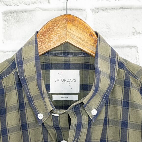 SATURDAYS Surf NYC Men's Button Down Shirt Green Blue Check Size Medium - Picture 2 of 6